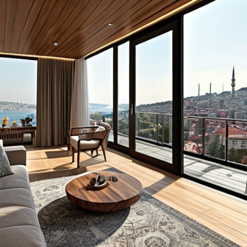 **Prompt:** A modern, luxurious apartment interior with floor-to-ceiling windows showcasing a panoramic view of Istanbul. The design incorporates natural elements like wood and stone, creating a seamless blend with the cityscape. Focus on the spacious balcony or terrace, furnished for outdoor relaxation.
