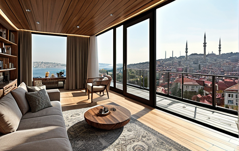 **Prompt:** A modern, luxurious apartment interior with floor-to-ceiling windows showcasing a panoramic view of Istanbul. The design incorporates natural elements like wood and stone, creating a seamless blend with the cityscape. Focus on the spacious balcony or terrace, furnished for outdoor relaxation.
