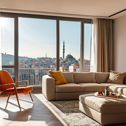 **Image Prompt:** Modern apartment interior in Istanbul, Turkey. Sunlight streaming through large windows, showcasing stylish furniture and a vibrant city view.  Focus on a clean and inviting aesthetic, appealing to young professionals.