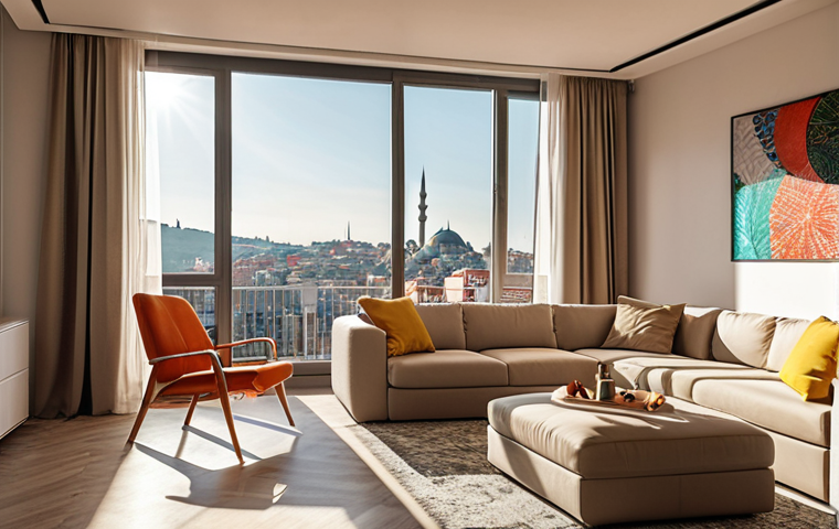 **Image Prompt:** Modern apartment interior in Istanbul, Turkey. Sunlight streaming through large windows, showcasing stylish furniture and a vibrant city view.  Focus on a clean and inviting aesthetic, appealing to young professionals.
